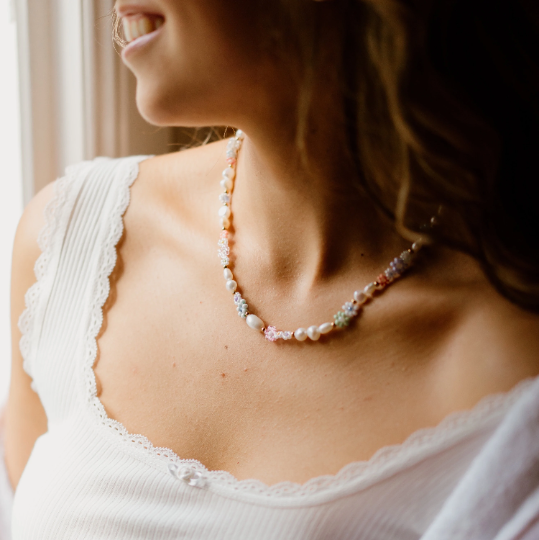 Dawn Beaded Flower and Freshwater Pearl Necklace