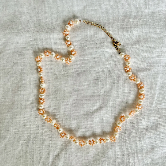 Blush Beaded Flower and Freshwater Pearl Necklace