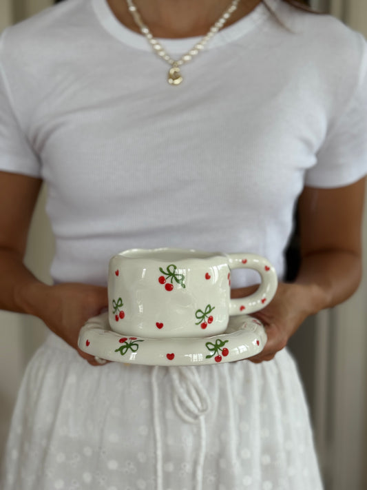 Cerises de Noël Ceramic Cup and Saucer