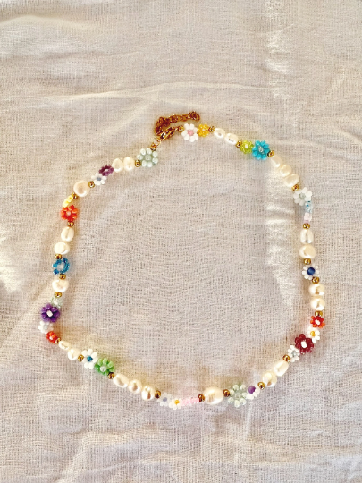 Dawn Beaded Flower and Freshwater Pearl Necklace