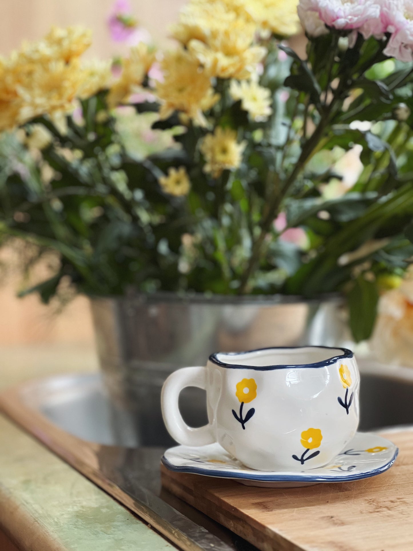 Farmhouse Flowers Ceramic Cup and Saucer