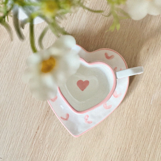 Love You Heart Shaped Hand Painted Ceramic Cup and Saucer